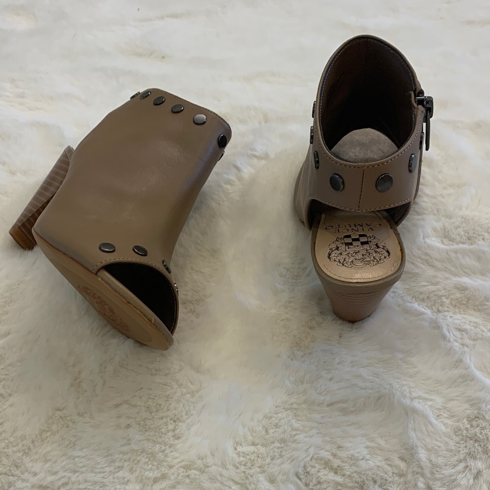 Vince Camuto Taupe Leather Peep-Toe Heeled Booties - Picture 4 of 6